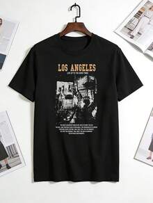 1 Piece Of Men's Clothing, Black T-Shirt With Los Angeles Print, Unisex Casual Crew Neck T-Shirt, Men's Plus Size 5XL Clothing, Lightweight 180 G/M² Knit Fabric, Wash - 黑色 - 查看 2