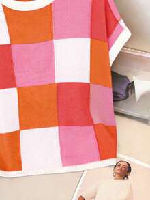 大码女装大码秋冬季彩色格子圆领时尚休闲有线毛衣大码套头针织毛衣背心 - 紅色 - 查看 8