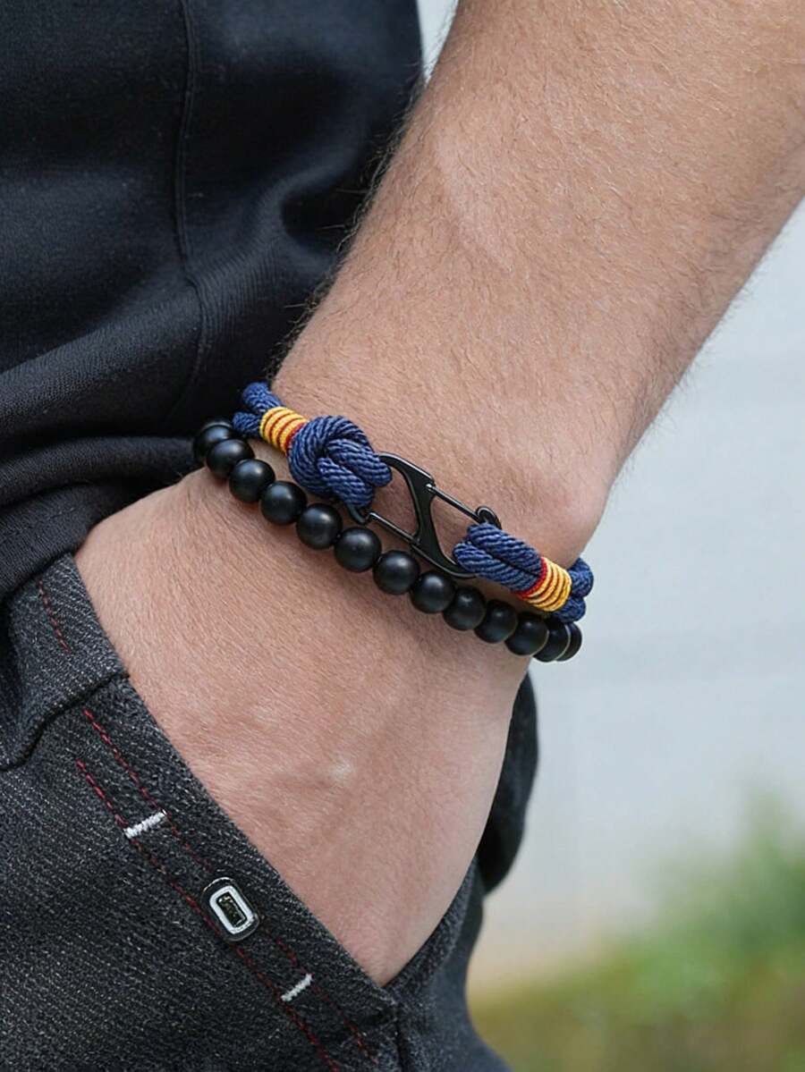 51Luckind 2 Pcs/Set Handmade Braided 4mm Rope 8MM Onxy Beaded Bracelet Set For Men Cool Armband Jewelry Men