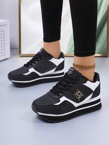 1 Par De Tênis Casuais Femininos, Estampa Geométrica, Sola Plataforma Grossa, Cadarço, Estilo Esportivo E Casual Em Pu, Adequados Para Uso Casual, Esportes, Escritório E Todas As Estações. - Preto - Ver 3