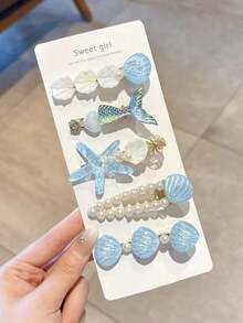 5pcs/Set Mermaid Style Ocean Theme Teen Hair Accessories, Shell, Starfish, Mermaid Tail Design Hair Clips, Cute Ocean Elements Photo Props Hair Clips (Random Cardboard) - Multicolor - View 5