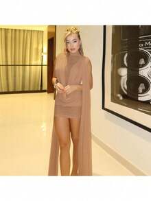 Women's Fashion Semi-Turtleneck Double-Layer Spliced Mesh Streamer Hip-Hugging Hot Girl Dress Nude Draped Sash Mini Dress - Luxury Sleeveless Ruched Bodycon Gown For Banquet & Date - 卡其色 - 查看 3