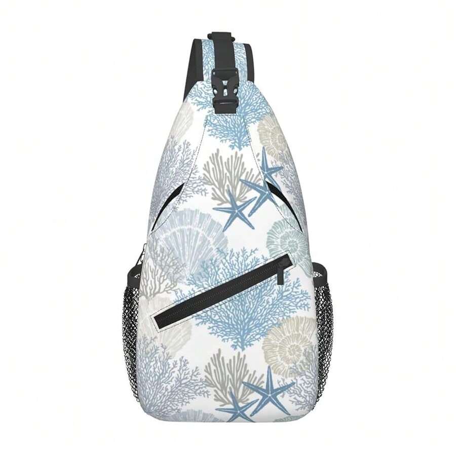 Nautical Coastal Sling Bag For Women Crossbody Bag Marine Pattern With Starfish Seashell Mollusk Coral Sling Backpack For Men Underwater Themed Shoulder Bag Sports Travel HiFKing Daypack - 藍白 - 查看 1
