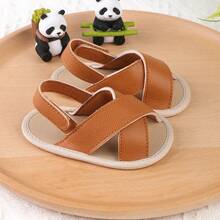 1pair Boys' Solid Color Pu Hook Loop Flat Sandals, Suitable For Spring And Summer