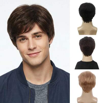 男士假发 黑色棕色短假发 斜刘海 自然波浪 时尚直发 合成假发 金色假发 男士日常派对 青少年动漫角色扮演 戏剧服装 遮盖脱发 白发 稀疏头发 SRT假发 12英寸 玫瑰网