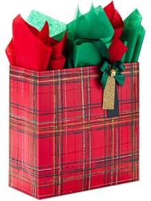 EstiloTendenciaHallmark Signature - Bolsa De Regalo De Navidad Cuadrada Extragrande De 12 Pulgadas Con Papel De Seda (Cuadros Rojos Con Lazo Y Campana)Calidad PremiumVersióN Mejorada - Verde cazador, dorado - Ver 1