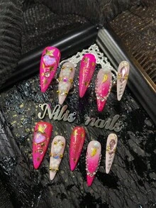 10 piezas Kit de uñas acrílicas de tacón, uñas rosas rojas y rosas, rosa rojo teñido, flores 3D tridimensionales y bolas de acero y rhinestones de colores y corazones, y otros accesorios de decoración de uñas - Rosa Fucsia - Ver 2