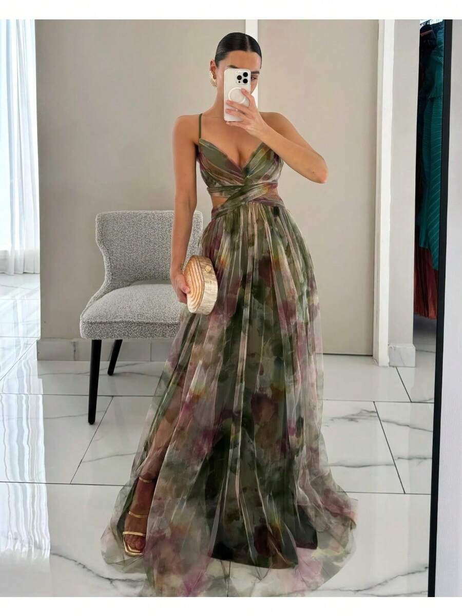 2026 Spring And Summer New Mesh Printing Suspender Dress High Fashion Elegant Party Vacation Casual Party Dress - xanh quân đội - Xem 1