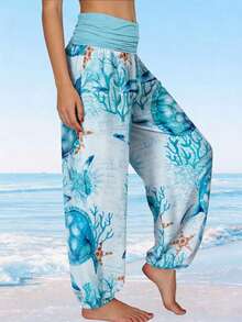 YI XUAN Plus Size Knitted Fabric Harem Pants, Ruched Waistband, Turtle And Coral Print, Long Wide Leg Lantern Pants, Suitable For Spring And Autumn Casual Vacation - Blue - View 4
