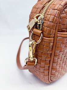 Checkered Crossbody Bag For Women Shoulder Plaid Handbags Top Handle Satchel Bag Woven Bum Bag Stylish Woven Crossbody Bag PU Leather - 純棕色 - 查看 8