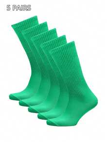 5 Pairs Women's Solid Color Comfortable Simple Mid-Calf Socks, Moisture-Wicking, Quick-Drying, Breathable, Suitable For All Seasons - Green - View 3