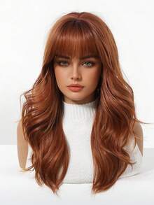 20 Inch Deep Brown Long Wavy Layered Synthetic Wig With Bangs, Suitable For Women's Daily, Party, Cosplay Styling - Dirty Orange - View 5
