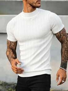 1pc Men's Half Turtleneck Short Sleeve T-Shirt, Vertical Striped Knit Casual Commuter Top - White - View 1