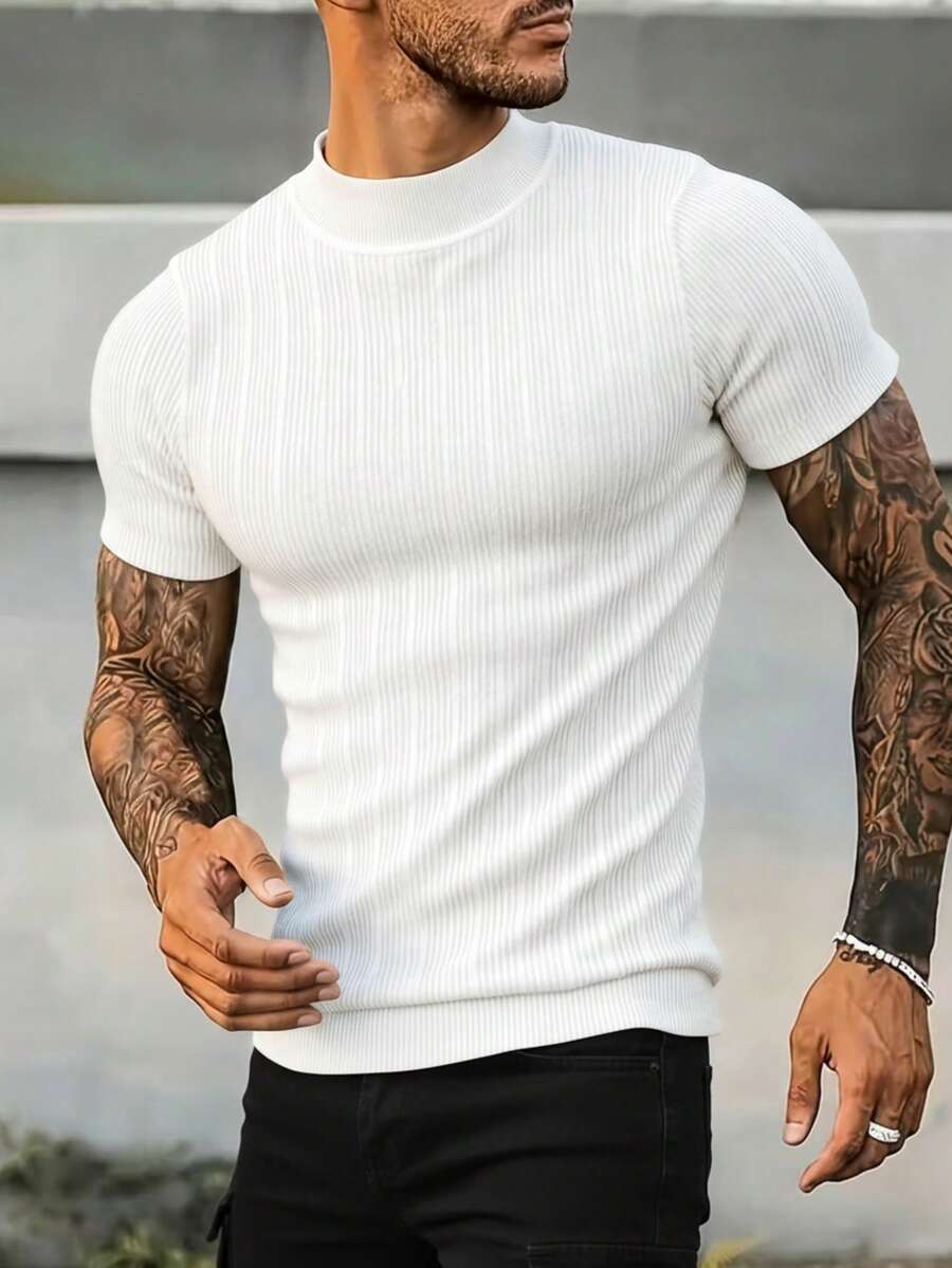 1pc Men's Half Turtleneck Short Sleeve T-Shirt, Vertical Striped Knit Casual Commuter Top - White - View 1