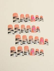 情人节红唇亚克力美甲贴片 24片装 斑马纹鸭嘴型按压式美甲贴片，DIY艺术钻石饰品装饰3D假指甲套装，适用于美甲沙龙、女性日常佩戴、节日派对和送礼美甲用品 - 彩色 - 查看 2