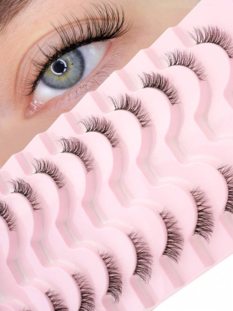 10 Pairs Natural Crossing Extending Transparent Band Half-Eye False Eyelashes, 3D Faux Mink Short Lashes, Suitable For Girls' Daily Makeup And Work - 黑色 - 查看 1