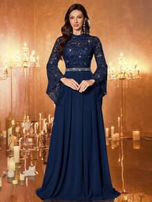 MIUSOL Đầm maxi dự tiệc trang trọng, thanh lịch, cổ cao, tay loe, viền bèo nhún, chất liệu chiffon, đính sequin và ren hoa, màu sắc mùa xuân. - Màu xanh hải quân - Xem 6