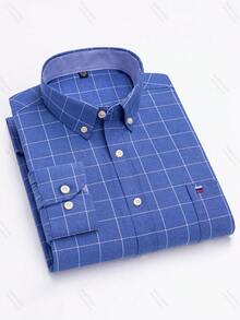 Audmroton Men's Plaid Striped Button Down Shirts Spring Fall Cotton Long Sleeve Oxford Dress Shirts With Pocket - Blue - View 1