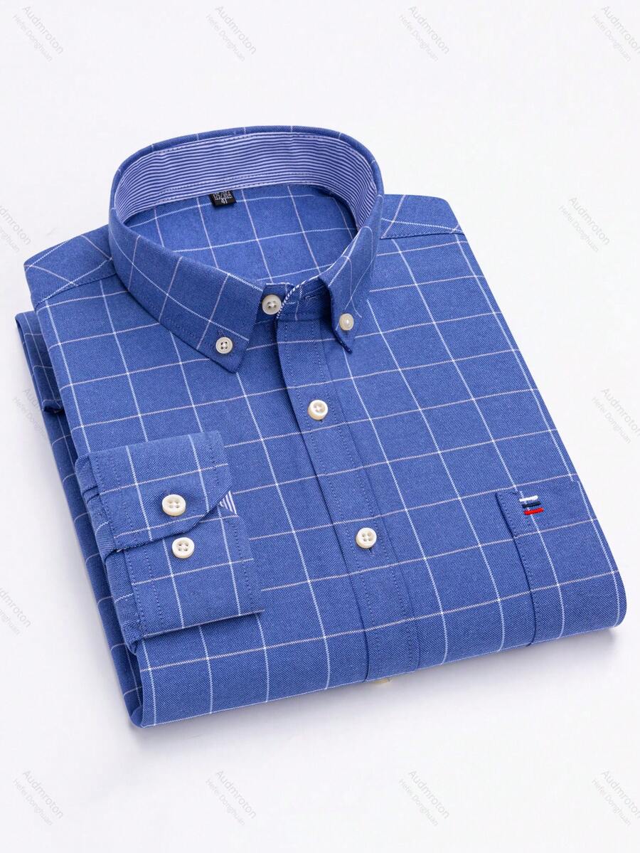 Audmroton Men's Plaid Striped Button Down Shirts Spring Fall Cotton Long Sleeve Oxford Dress Shirts With Pocket - Blue - View 1
