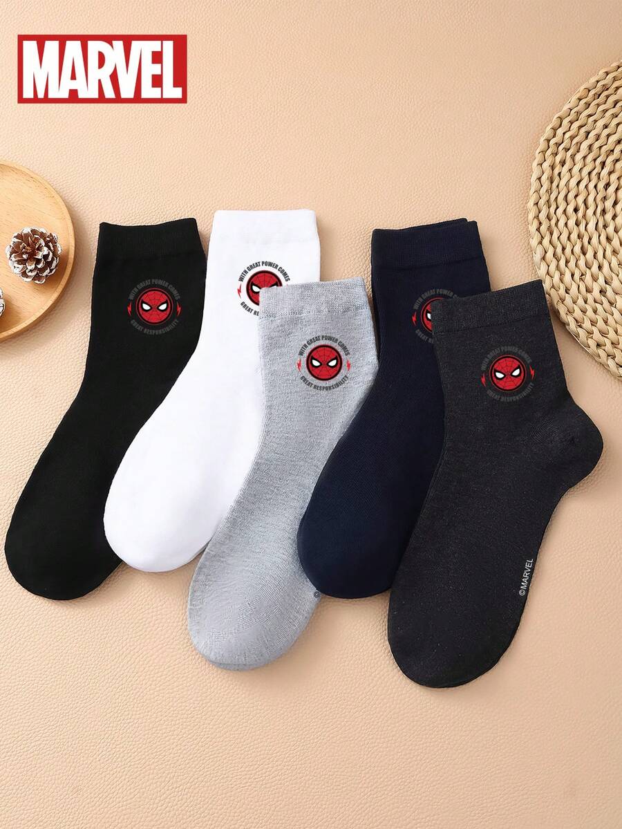 Marvel 1 Pair/5 Pairs/10 Pairs Men's Crew Socks - Spider-Man Patterned Crew Socks, Solid Color Sports Crew Socks, Versatile Style, Suitable For Daily Wear And As Holiday Gifts - Multicolor - View 1