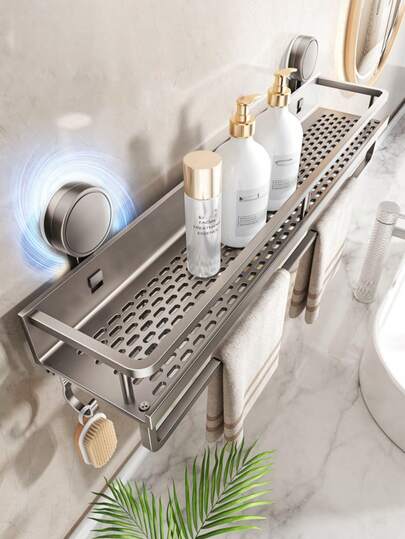 1个不锈钢壁挂式淋浴置物架，带吸盘 - 重型悬挂式淋浴收纳架，带毛巾杆，节省空间的浴室储物架，可放置洗发水、肥皂和配件