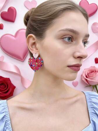 1 par de pendientes con forma de corazón de material acrílico color fucsia, regalo del Día de San Valentín para la novia, regalo de declaración de amor