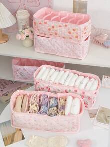 Cute Strawberry Underwear Socks Storage Basket Quilted Floral Storage Basket Folding Underwear And Socks Storage Basket With Partition Design - Multicolor - View 6