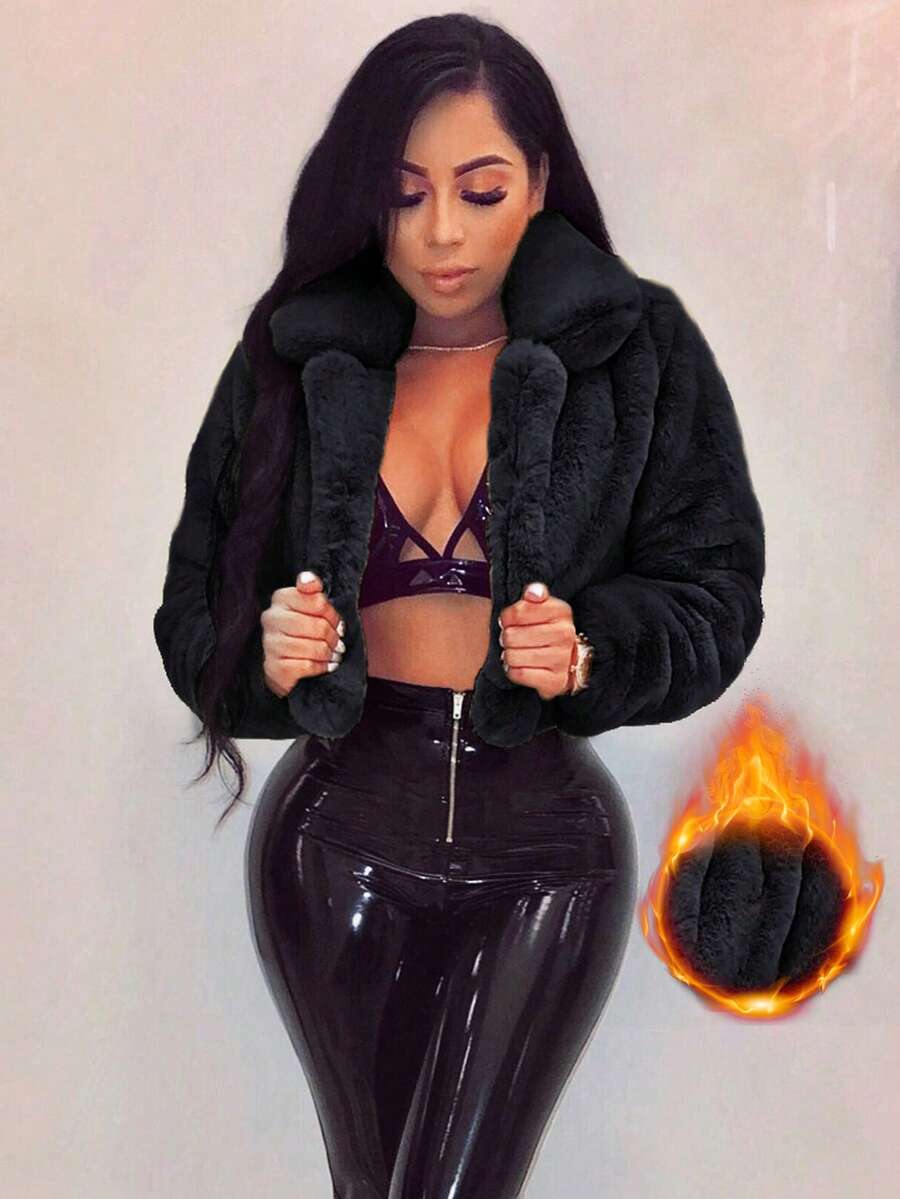 Loose Solid Color Cropped Plush Jacket, Autumn/Winter - Black - View 1