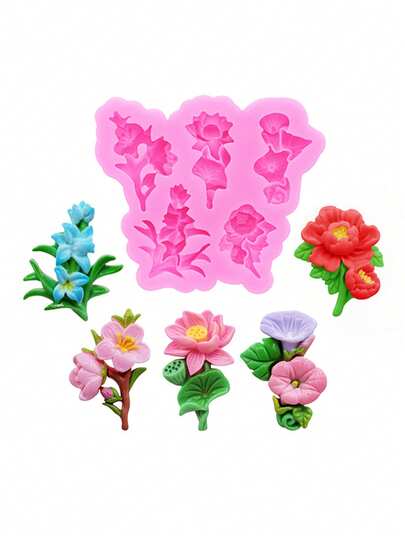 1件粉色液态硅胶材质硅胶模具，包含向日葵、莲花、凌霄花、桃花、牡丹、满天星等花型，可用于手工DIY树脂配件、珠宝、鞋花、发夹、手机壳、鞋子装饰等。