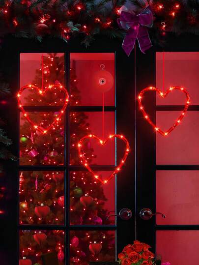 1/3条心形LED窗灯条，带定时器，电池供电，吸盘式设计，适用于情人节、狂欢节、壁炉、室内家居装饰、浪漫夜晚和浪漫场景装饰。