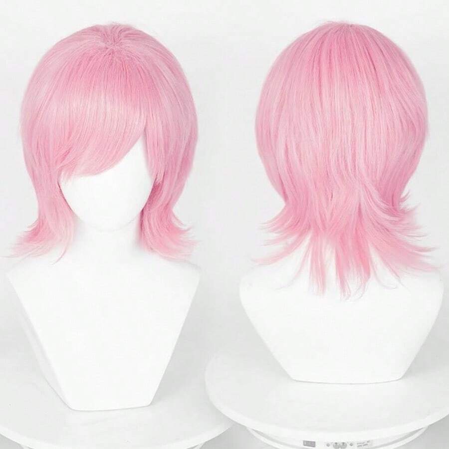 DUnisex Short Light Pink Cosplay Wigs With Bangs+ Free Cap Man Woman Fluffy Heat Resistant Wig Hair For Daily Party Halloween - 淺粉紅色 - 查看 1
