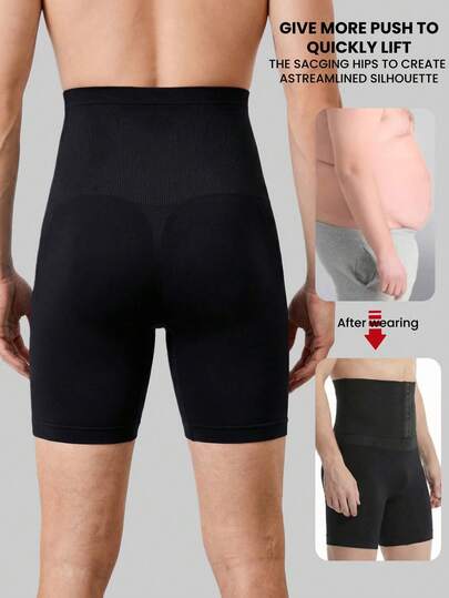 1pc Plus Size Men's Seamless High Waist Front Button Design Slimming Waist Shaping Shorts, Anti-Friction Thigh Lifting Effect Shapewear Underwear, Suitable For Daily Wear, Workout, Fitness, Running