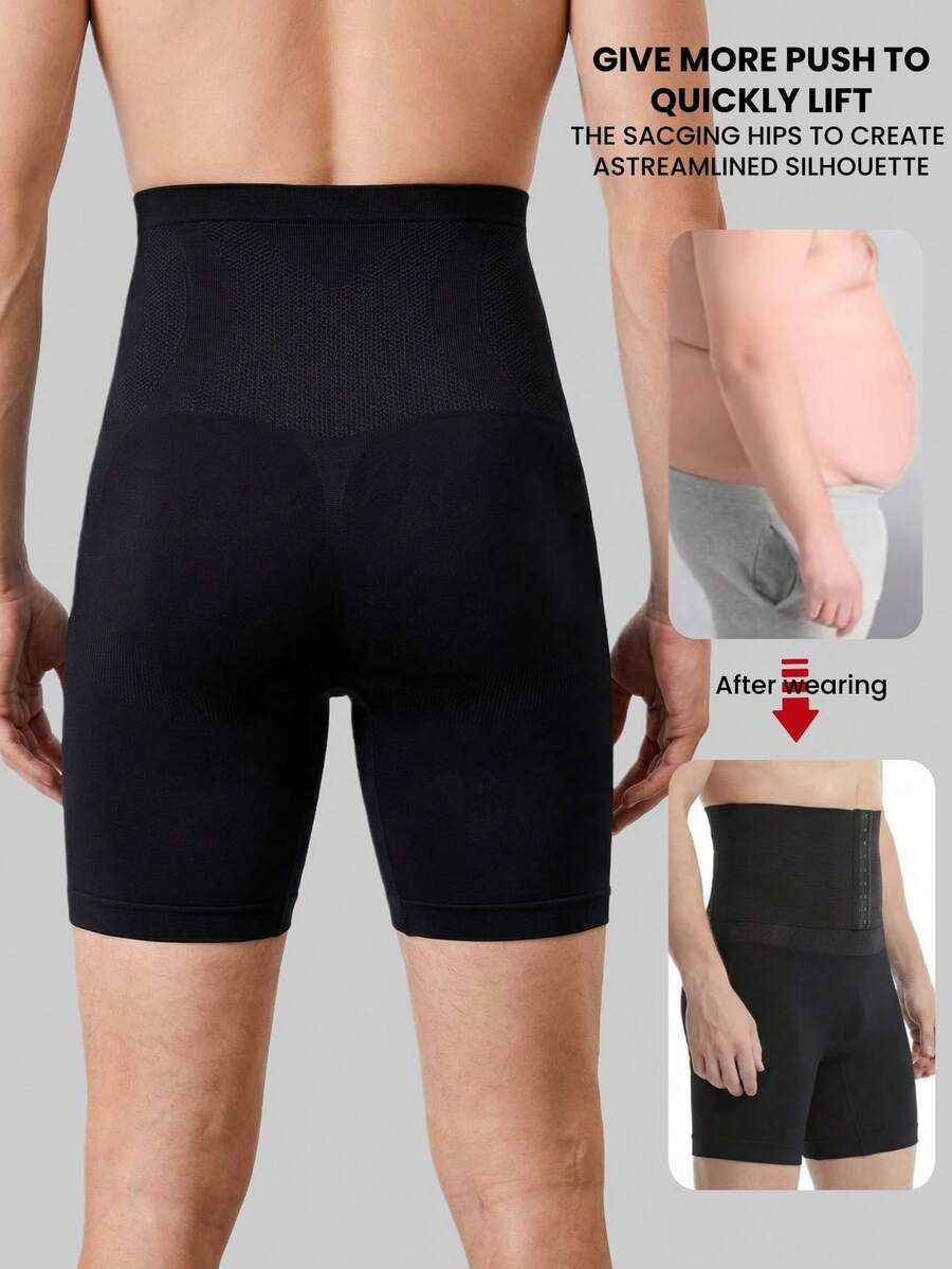 1件装加大码男士无缝高腰前扣设计塑身收腰短裤，防摩擦提拉大腿塑形内裤，适合日常穿着、锻炼、健身、跑步