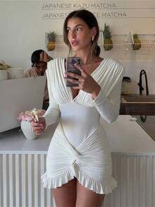 Sexy Pure-Color V-Neck Dress, Waist-Cinching, Full-Skirted, Pleated Design, High-End Long-Sleeved Women's Vestidos, Wrap Skirt For Women - trắng - Xem 1