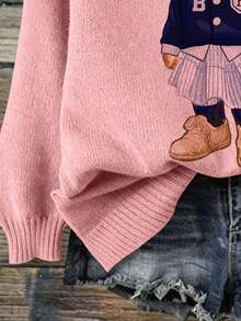 2026 Spring New Arrival Bear Graphic Print Round Neck Long Sleeve Collegiate Style Casual Pullover Knit Top - Multi-colored (pink) - View 4