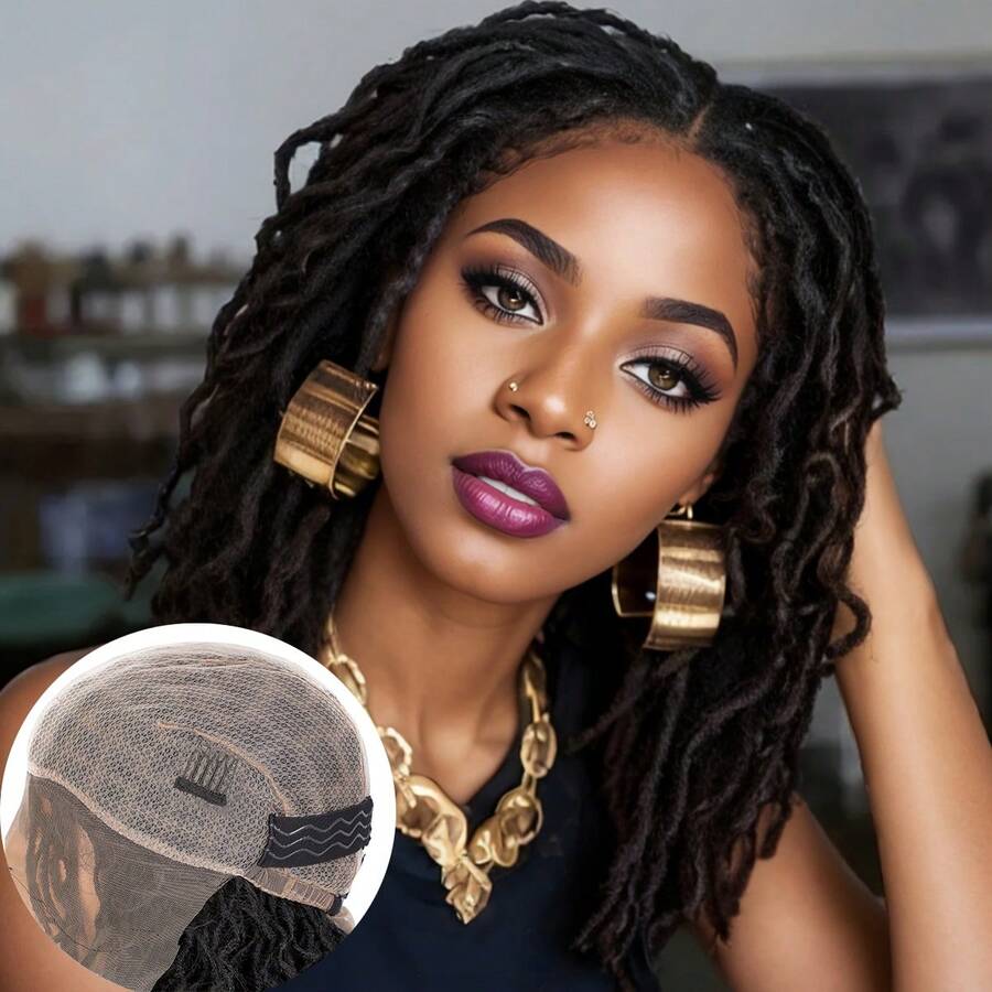 14 Inches Bohemian Braided Wig Full Lace Handmade Short Dreadlock Braided Locs Wig Flame Retardant Synthetic Hair, Bohemian Double Full Lace Handmade Braided Wig For Women, Christmas, Daily Use - Black - View 1