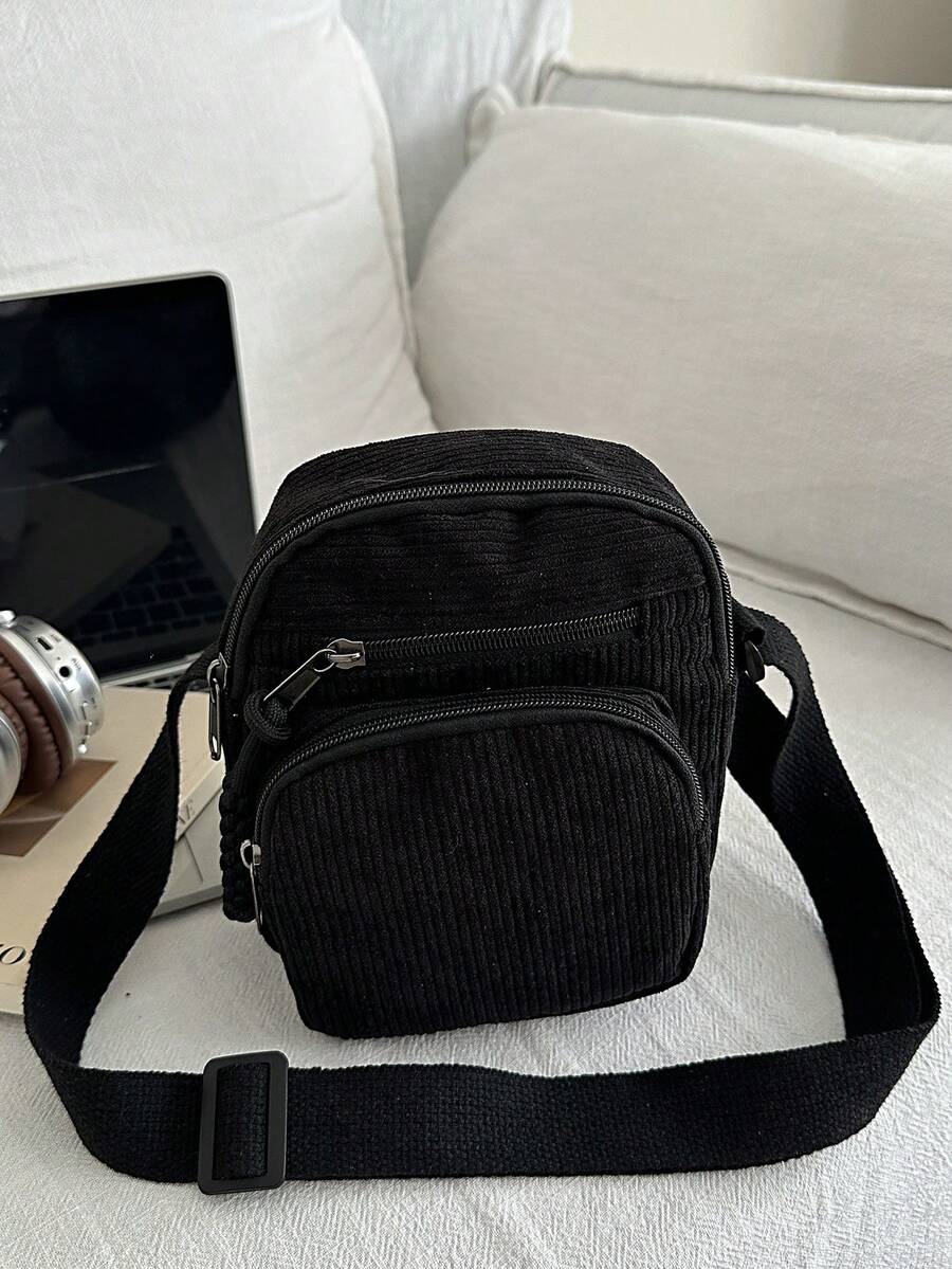 复古百搭原宿风灯芯绒单肩斜挎包，简约休闲校园学生手机袋