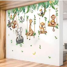 Jungle Animal Swings Wall Stickers Lion Elephant Giraffe Tropical Leaves Wall Decals Bathroom Playroom Bedroom Party Home Decor - Multicolor - View 1