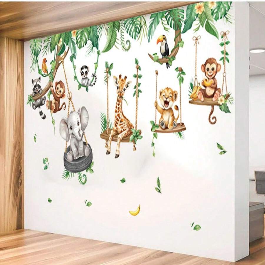 Jungle Animal Swings Wall Stickers Lion Elephant Giraffe Tropical Leaves Wall Decals Bathroom Playroom Bedroom Party Home Decor - Multicolor - View 1