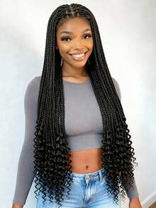 A ANYTIME Lace Front Braided Wigs With Curly Ends For Women Synthetic Fiber Hair Replacement Wigs 36 Inch Natural Color