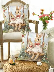 1个复活节抱枕套，18*18英寸，兔子一家和花卉图案，节日氛围浓厚，涤纶材质，农舍风格，非常适合沙发、客厅、卧室等家居装饰，不含枕芯，复活节装饰，春季主题派对用品