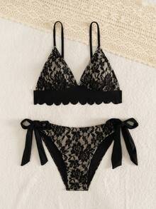 2pcs/Set Elegant Lace Sexy Backless Swimwear, Suitable For Beach, Vacation, All Seasons Black - Black - View 3