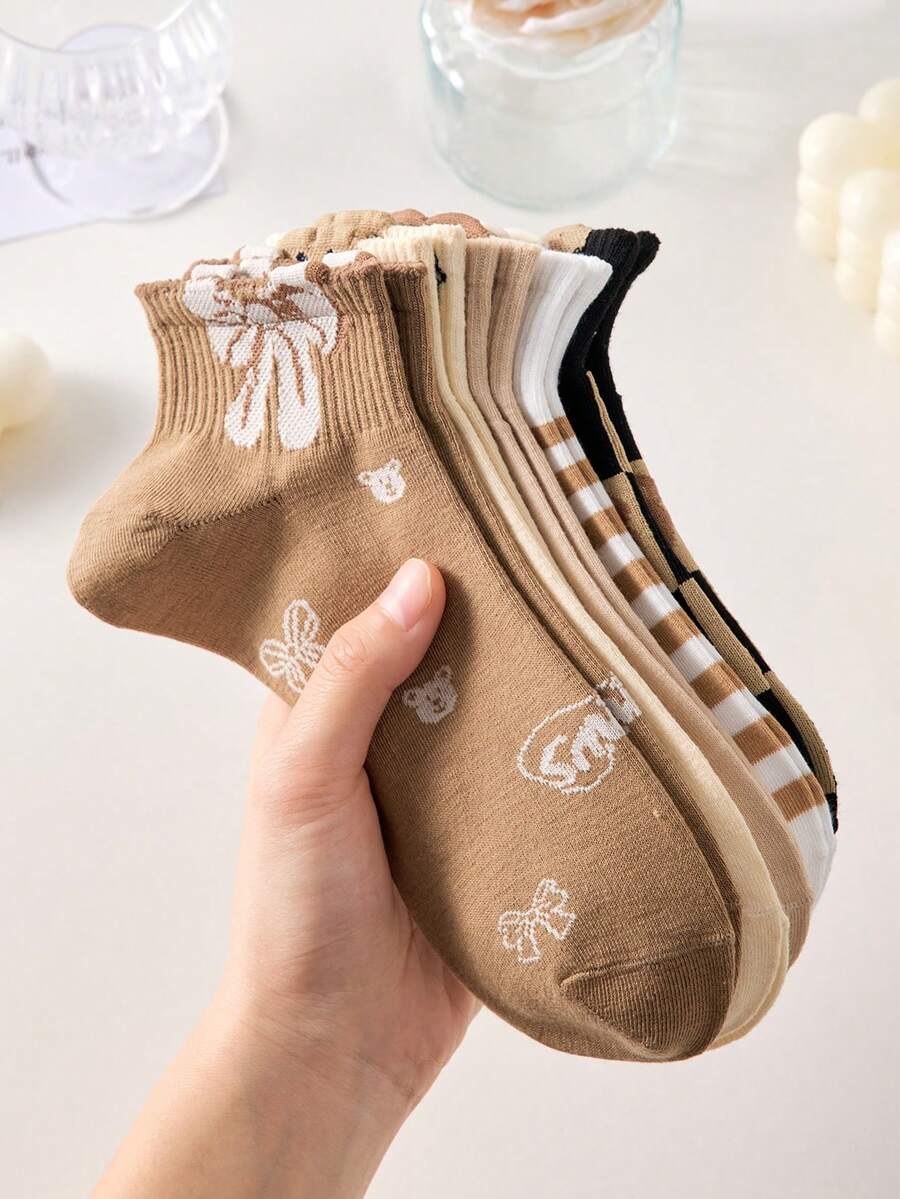 4 đôi tất ngắn nữ họa tiết gấu dễ thương, màu trắng và nâu cà phê, thích hợp cho mùa xuân và mùa hè, màu ngẫu nhiên. - Nhiều màu - Xem 1