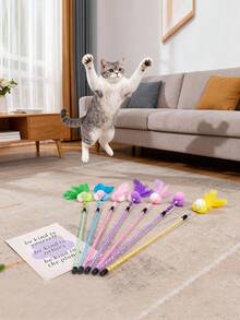 New Cat Toys - Handmade Jingle Sticky Rice Ball Cat Teaser, Crystal Tube Feather Cat Wand, Cat Supplies - Multicolor - View 2