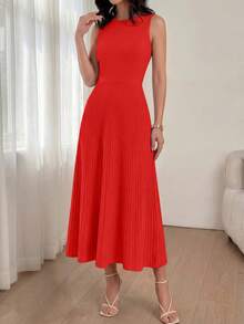 Women Summer Sleeveless Midi Dress Crewneck Ribbed Knit Pleated Swing A-Line Flowy Dress Solid Color Casual Spring Holiday Vacation Valentine Long Midi Dress Outfits - 磚紅色 - 查看 4