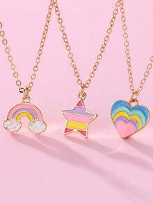 Set de 3 collares con colgante de corazón arcoíris y diseño de gota de aceite de aleación para niñas y adolescentes, cadena para la clavícula, joyería de regalo (sin cartón) - Multicolor - Ver 2