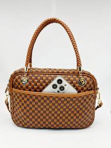 Checkered Crossbody Bag For Women Shoulder Plaid Handbags Top Handle Satchel Bag Woven Bum Bag Stylish Woven Crossbody Bag PU Leather - 咖啡棕色格子 - 查看 2