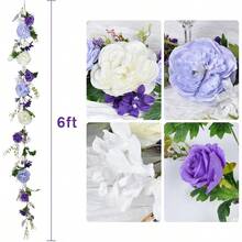 2Pack Artificial Peony Flower Garland - Silk Peony Garland With White Flowers Wedding Party Table Decoration, 6ft/Strand - White & Purple & Dark Purple + 1 - View 5