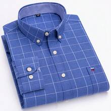 Audmroton Men's Plaid Striped Button Down Shirts Spring Fall Cotton Long Sleeve Oxford Dress Shirts With Pocket - Blue - View 9