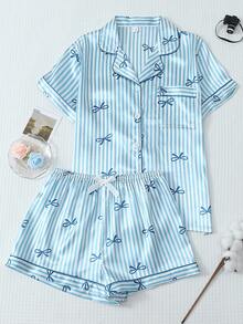 Bộ đồ ngủ nữ 2 món gồm áo tay ngắn cổ bẻ và quần short thắt nơ bằng vải satin kẻ sọc, thích hợp cho mùa xuân/hè. - Màu xanh lam - Xem 1